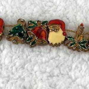 Vintage Christmas Slide Charm 7" Bracelet Gold Tone Enamel Santa Bells Tree Gift